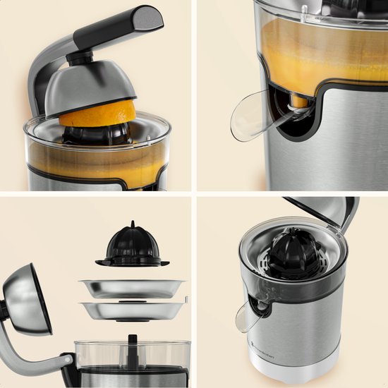 KitchenBrothers Citruspers - Elektrische Sinaasappelpers en Citroenpers - Met Uitloop en Pershendel - Luxe - 0.35L - RVS