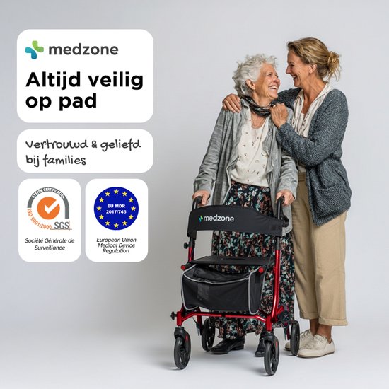 Medzone Rollator Lichtgewicht en Opvouwbaar - Zitfunctie - Binnen en Buiten - Rugleuning en Wandelstok Houder - Champagne - Rood