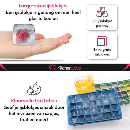 KitchenLove Siliconen IJsblokjesvorm met Deksel (2 Stuks) - 56 ijsblokjes - Vierkant - BPA Vrij - 100% Silicone - Groen & Blauw