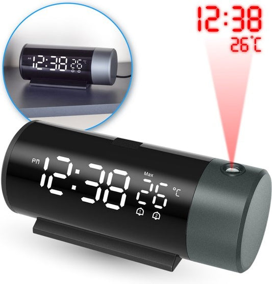 Nuvance Digitale Wekker met Projectie – Dubbel Alarm – Snooze – USB-Oplaadpoort – 15 x 6,8 x 6 cm – Zwart