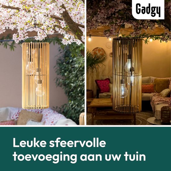 Gadgy Solar Tuinverlichting op Zonne-energie – Rotan Lantaarn voor Buiten – Hanglamp of Tafellamp – Spatwaterdicht – Sfeerverlichting voor Tuin, Balkon of Terras - Bruin – Ø17 x 41 cm – Dag/Nacht Sensor