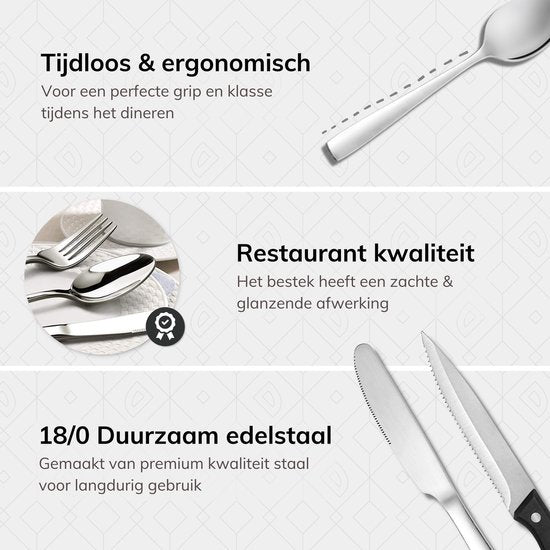 Deleca 8 Persoons Bestekset (48-delig) - Lepels, Messen, Vorken & Steakmessen - Vaatwasserbestendig - Zilver / RVS