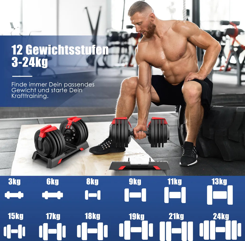DH FitLife Verstelbare Halterset 2x 24 kg - 3-24 kg per halter - Zwart - Gietijzer - 12-in-1 systeem