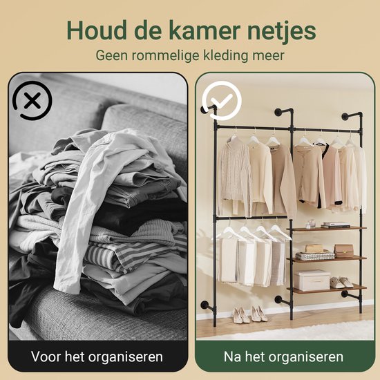 SoBuy industrieel kledingrek met 3 stangen en 3 MDF-planken, robuuste open kledingkast, industrieel zwart KLS18-SCH