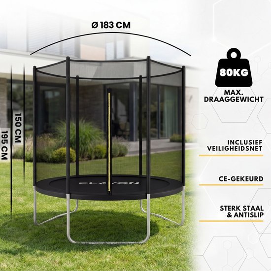 Playon Trampoline - Trampoline met Veiligheidsnet - Kinder trampoline - Ø183 cm – Inclusief randbescherming – Water en UV bestendig - Zwart