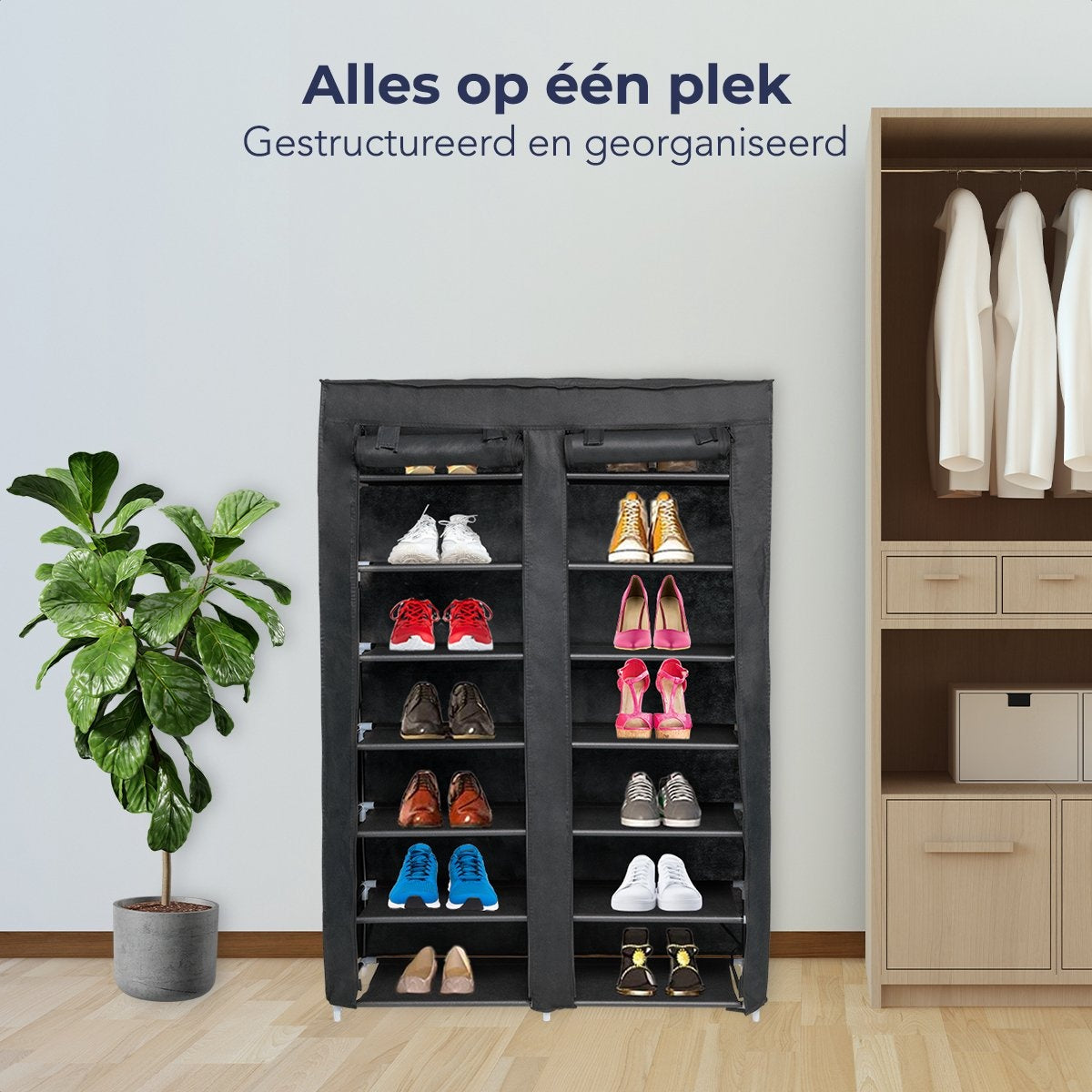 LifeGoods Schoenenrek - 7 Laags - Opbergsysteem 28 Paar schoenen - Schoenenkast - Afsluitbaar - Zwart