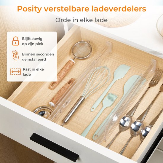Posity Ladeverdeler - Verstelbaar & Uitschuifbaar - 12 Stuks - Lade Organizer - Voor Keuken, Slaapkamer & Kleding - Kunststof - Transparant