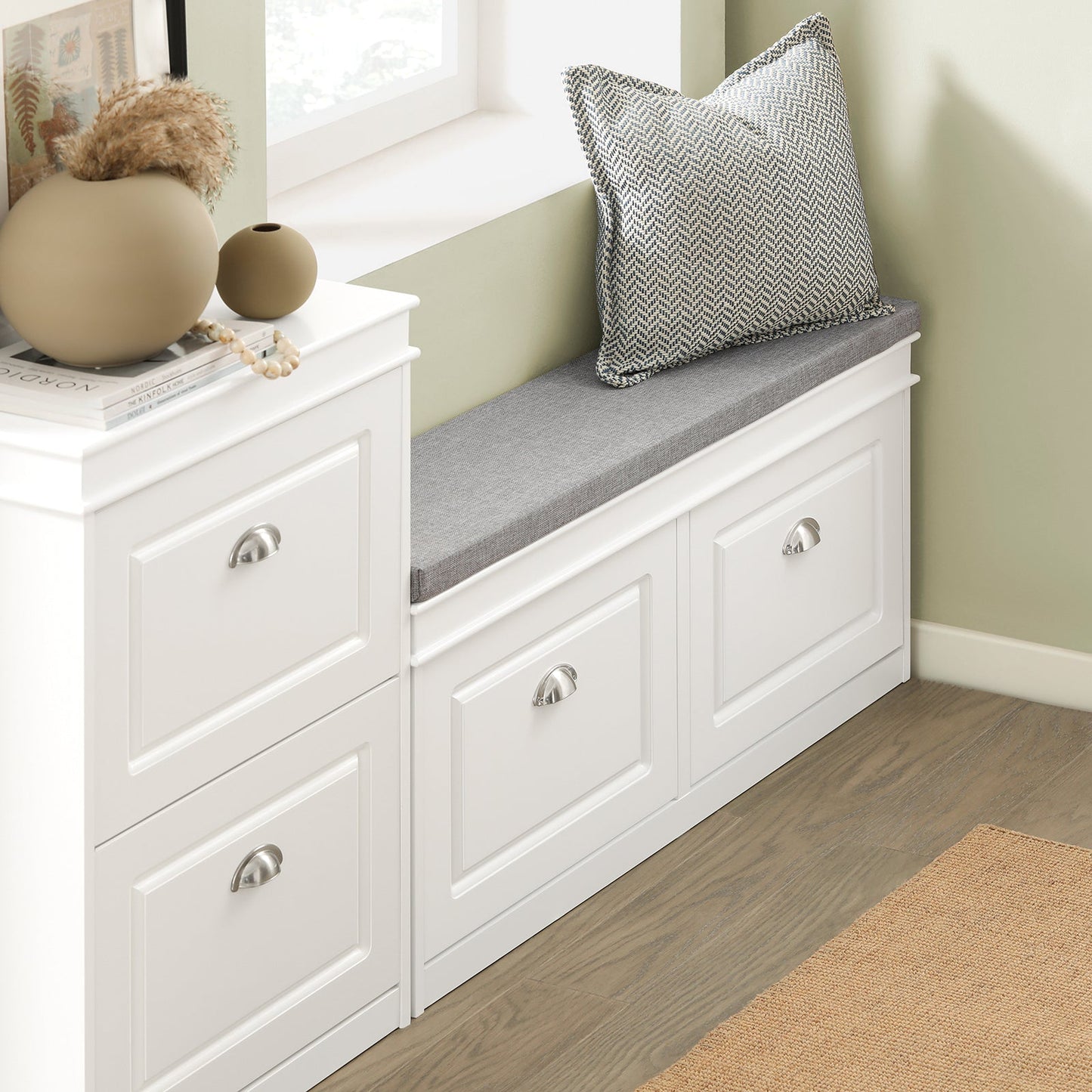 SoBuy Schoenenkast met Zitkussen en Kleppen – Smalle Schoenenbank voor de Hal – Wit – 104 x 24 x 51 cm