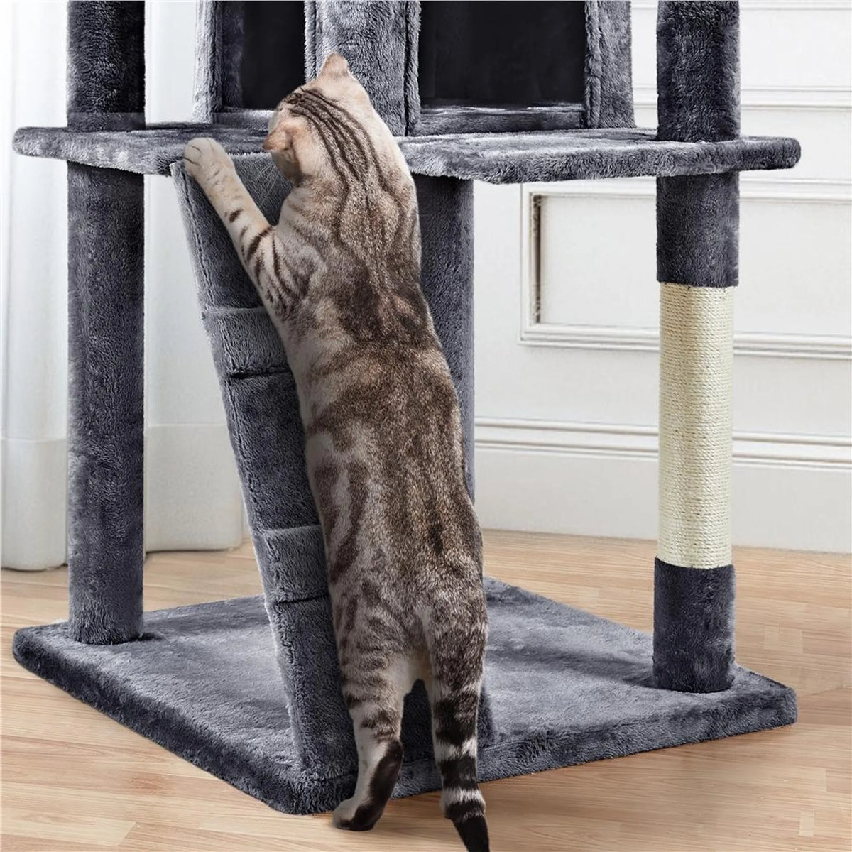 Yaheetech Krabpaal XXL Met Twee Kattenmanden – Voorzien Van Klimhelling En Ligkussen In Kattenoorvorm En Hangende Speelballen – Voor Huishoudens Met Meerdere Katten – Donkergrijs Pluche En Sisal – 59,5 x 55 x 202,5 cm