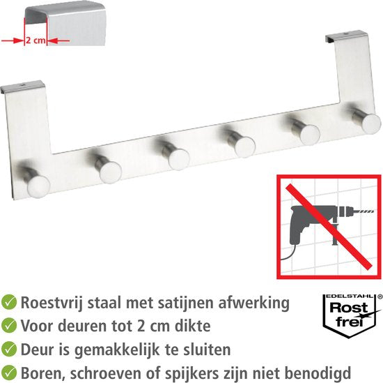 WENKO Deurkapstok Celano RVS, 39cm breed, met 6 haken - Hakenlijst - Deurgarderobe - Voor opdekdeuren 2cm dik