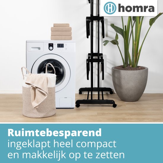 Homra Inklapbaar Wasrek - met Wieltjes - 45m Droogruimte - 77x50x170 CM - Zwart