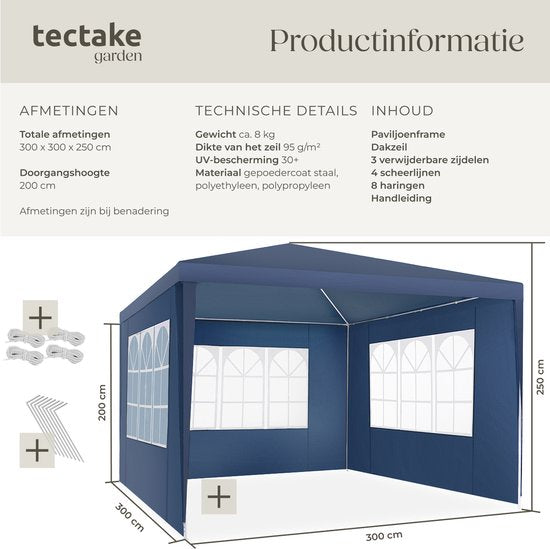 Tectake Partytent - Paviljoen - Opvouwbaar - Met Zijwanden - Waterdicht - 300 x 300 cm – Blauw