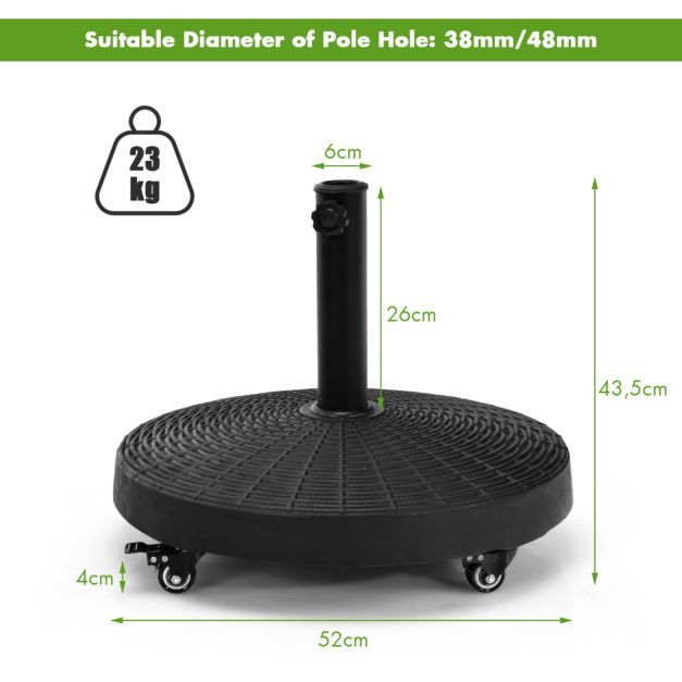Coast Zwarte Parasolstandaard met Wieltjes – 23 kg, Ø52 cm, Hoogte 43,5 cm – Geschikt voor 38/48 mm Parasolstangen