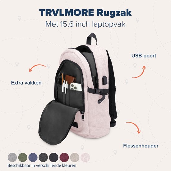 TRVLMORE Rugtas - 25L - 15,6 Inch - Laptop Rugzak met USB - Schooltas - Heren en Dames - Tas Roze