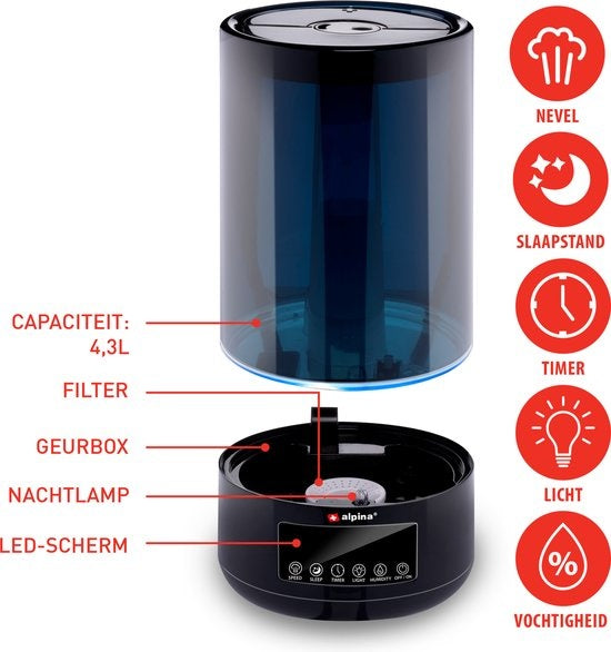 alpina Luchtbevochtiger 4.3L - Humidifier - Aroma Diffuser met Timer - Afstandsbediening - Zwart