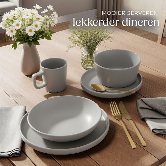 tectake® Serviesset Una - 30-delig - Aardewerk - 6 Persoons - Stijlvol en Duurzaam Servies - Bordenset met Grote en Kleine Borden, Kommen, Schaaltjes - Kopjes - Grijs