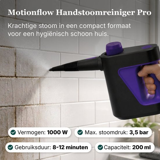 Motionflow 11-Delige Handstoomreiniger PRO - Krachtige 1000W 3,5 bar Stoomreiniger - Reinigingsmachine voor Badkamer, Bank en Vloer - Steam Cleaner Vlekkenreiniger - 3 Meter Stroomkabel