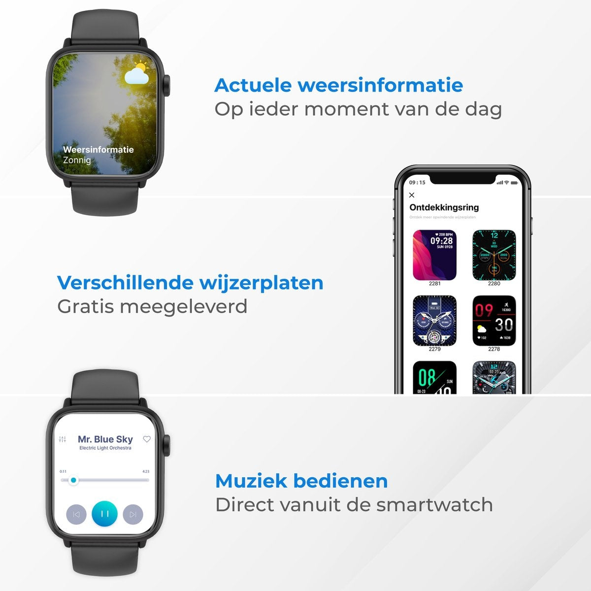 Nuvance - Smartwatch Heren & Dames met Bluetooth - 45mm - Geschikt voor alle Smartphones - Stappenteller en Hartslagmeter - Waterdicht - Zwart
