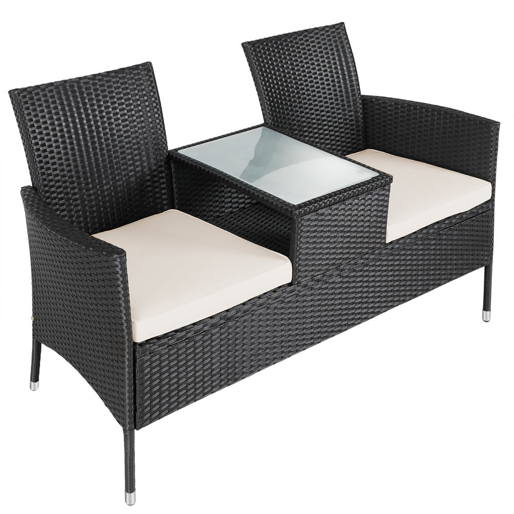 Casaria Polyrattan Tuinbank - Incl. Kussen Tafel 143x55x88 cm Zwart