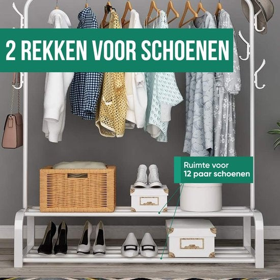 Avalo Industrieel Kledingrek - Metaal - 110x33x150 CM - Wit - Opbergruimte Voor Schoenen - Garderoberek Met Haken