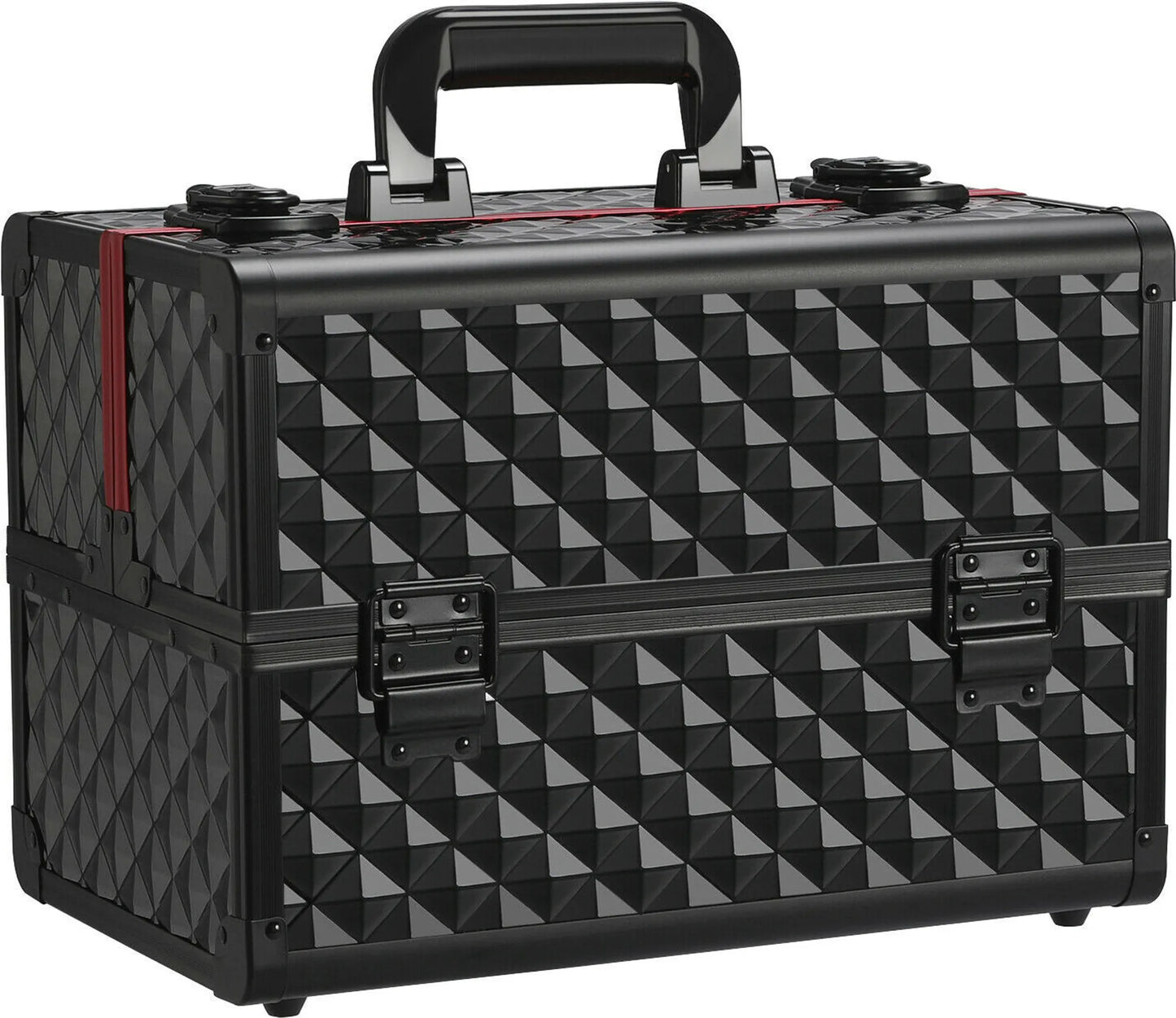 Yaheetech Make-upkoffer Met 3 Lagen – 34,7 x 22,2 x 25 cm – Voorzien Van Verstelbare Tussenschotten En Fluwelen Voering En Slot Met Sleutels – Voor Kappers En Visagisten – Zwart En Rood Aluminium