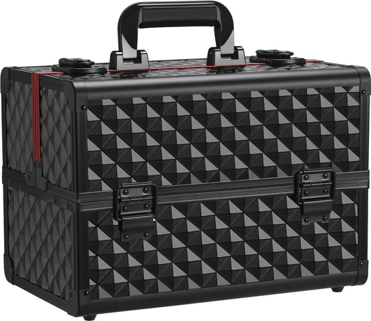 Yaheetech Make-upkoffer Met 3 Lagen – 34,7 x 22,2 x 25 cm – Voorzien Van Verstelbare Tussenschotten En Fluwelen Voering En Slot Met Sleutels – Voor Kappers En Visagisten – Zwart En Rood Aluminium