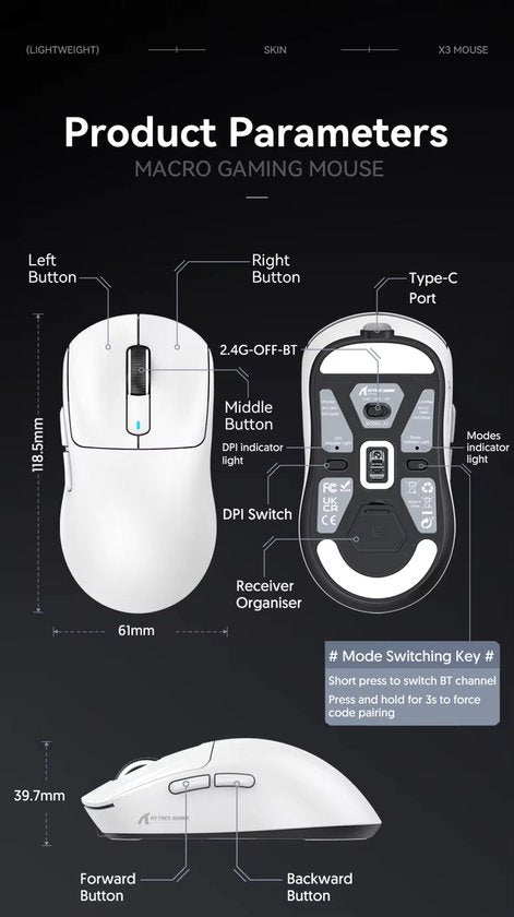 Attack Shark X3 draadloze gaming muis PAW3395, superlicht 49 g, 26.000 DPI, tri mode 2.4G Bluetooth en USB C, 200 uur batterij, programmeerbare knoppen