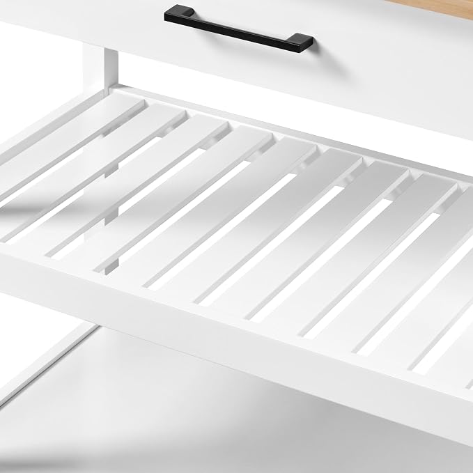 Yaheetech Keukenwagen 101,5 x 51 x 92,5 cm - 2 Niveaus - Lade - 4 Wielen - Wit/Naturel
