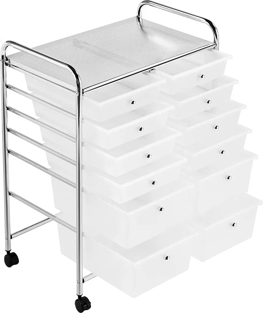 Rolwagen met 12 Lades op Wielen Metalen Frame en Handgrepen Wit 63 × 38,5 × 82 cm