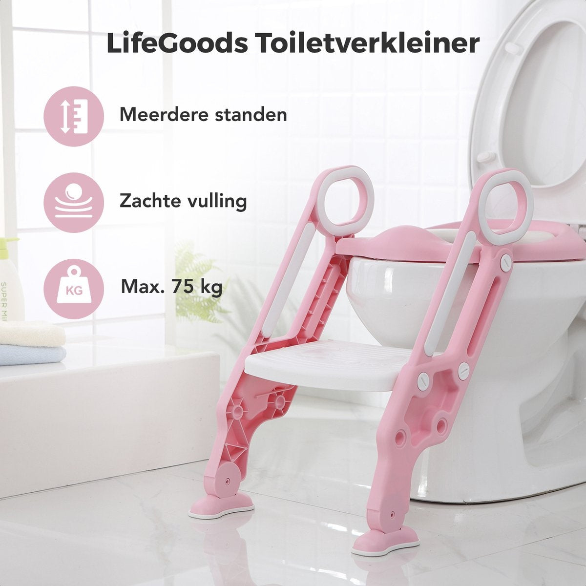 LifeGoods WC Verkleiner met Trapje - Toilettrainer met Opstapje - Potje peuter - 2 tot 7 Jaar - Roze/Wit