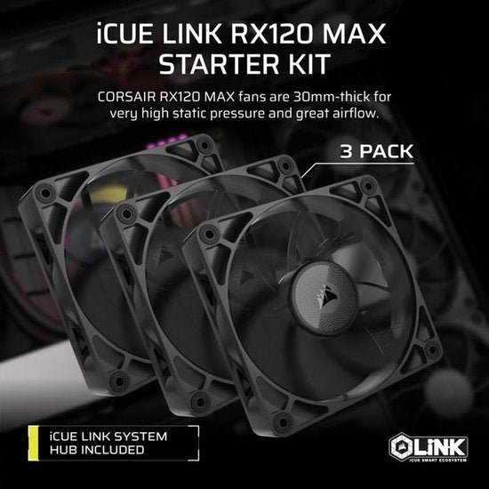 Corsair iCUE LINK RX120 MAX PWM Thick Fans Starter Kit - Ventilatorhuis 3-pack - 120mm - 71.28 cfm - 400 - 2000 rpm - 10 - 29.5 dBA - Incl. iCUE LINK System Hub - zwart