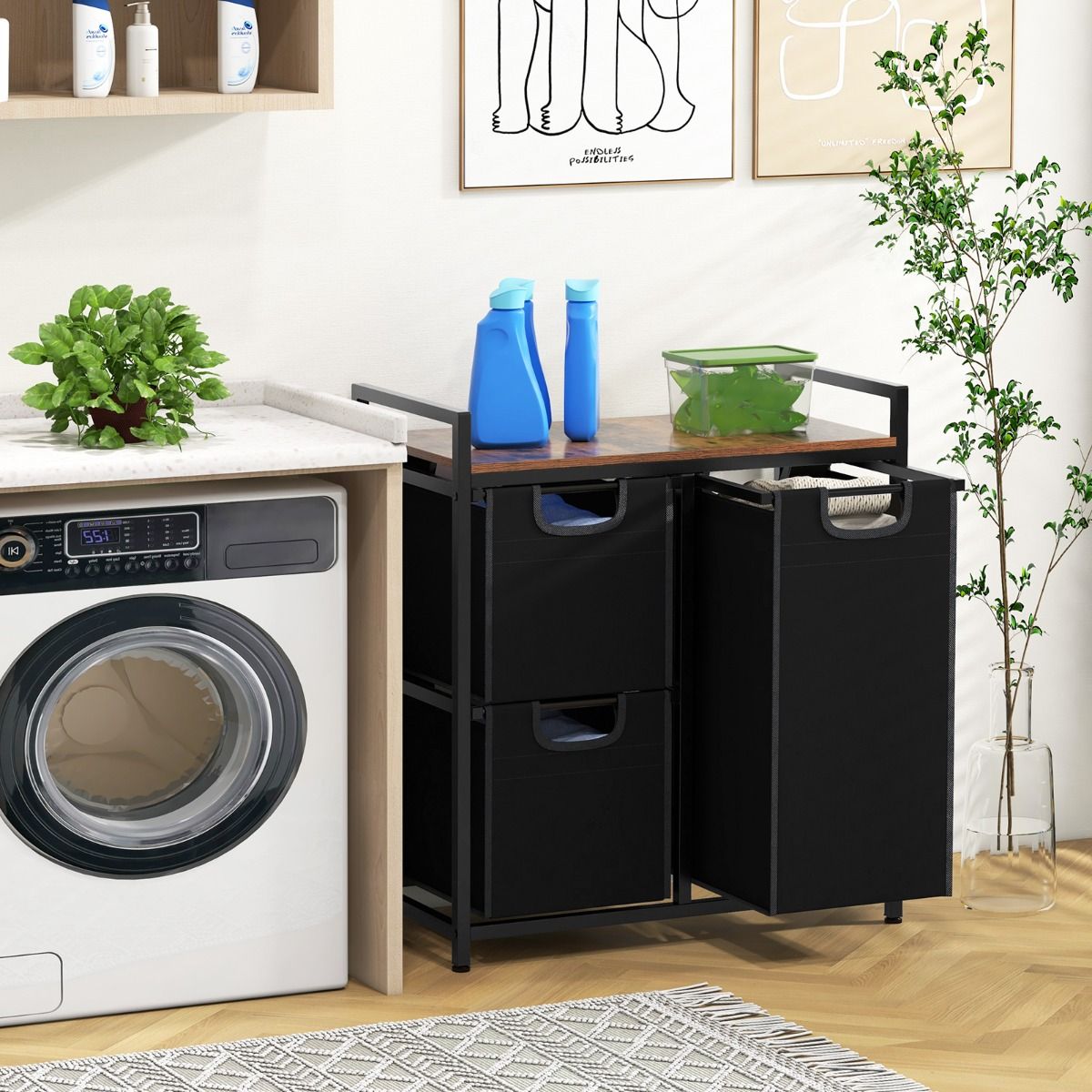 Coast Wasmand met Plank - 3 uitneembare waszakken - metalen frame - zwart en rustiek bruin