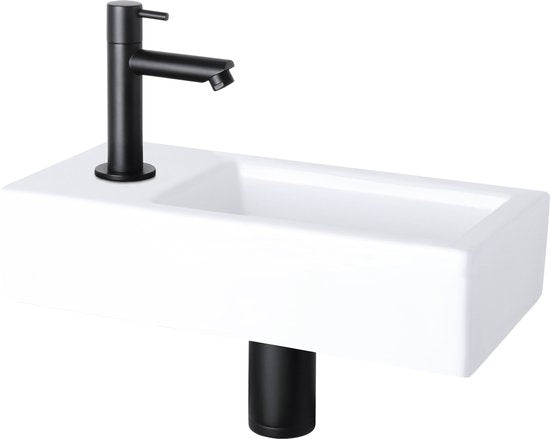 Differnz Helios fonteinset - 37.5x18.5x9.5cm - Rechthoek - 1 kraangat links - Recht matte zwarte kraan - Wit