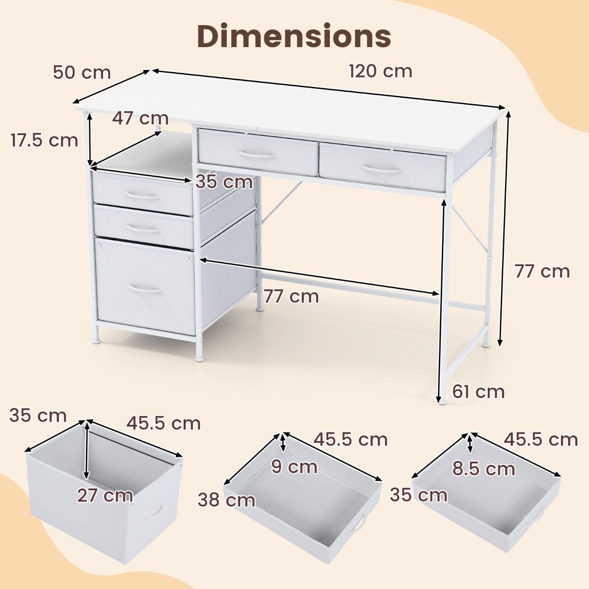 Coast Computerbureau - met opbergruimte en open plank - 5 stoffen lades - metalen frame - 120 x 50 cm - café & zwart