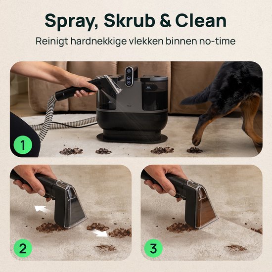 Skrub 4 in 1 Compacte Tapijtreiniger met Heet water - Verwarmbaar tot 60°C - Vlekkenreiniger - 4 Opzetstukken - 1200 Watt - Bankreiniger machine