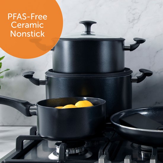 BK Vivid Keramische Antiaanbak Pannenset 13-delig - Ø16-28cm - Koekenpan - Hapjespan - PFAS-vrij – Inductie Pannenset – Ovenbestendig tot 160°C – Vaatwasserbestendig – Snelle opwarming – Koudgrepen - Zwart