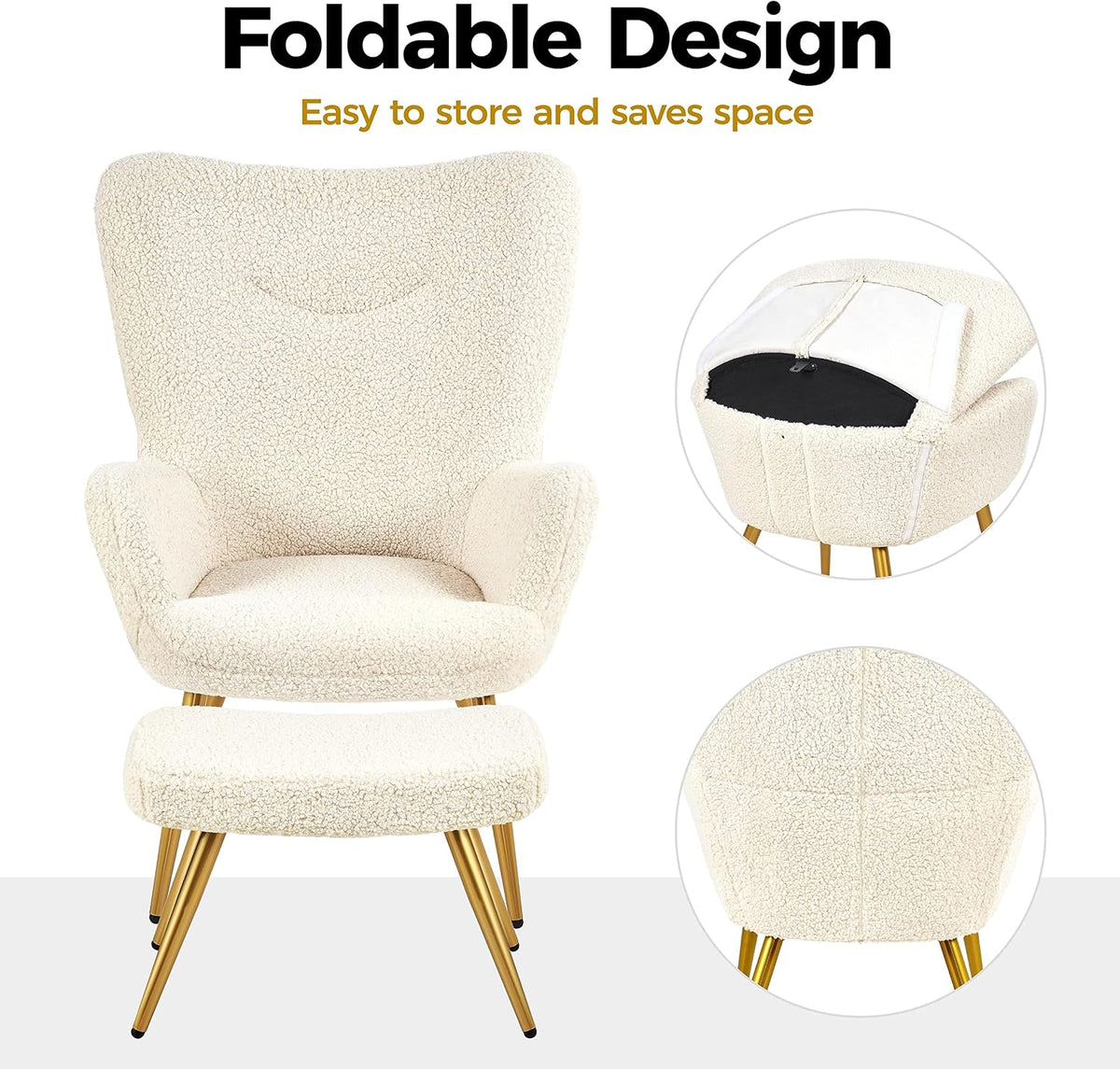 Yaheetech Oorfauteuil met Voetenbank – Teddy Stof – Ivoorwit – 67,5 x 70 x 97,5 cm