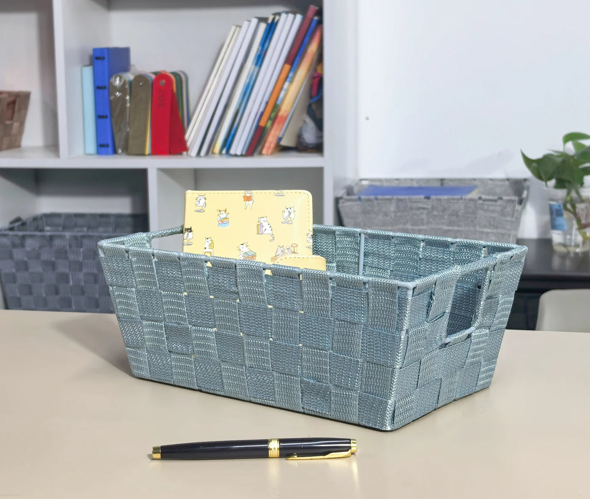 Kevahome Opbergmanden Set van 3 - Gevlochten PP Riempjes - Draagtas Model - Donkerblauw - 30,5 x 16,5 x 11,5 cm