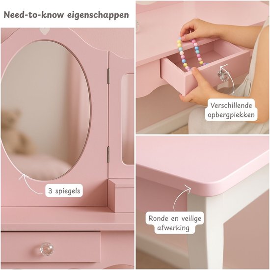 Maxx Kidz Kaptafel Kind met Spiegel - Roze Houten Kinder Make Up Tafel met Krukje - Schminktafel voor Kinderen - Meisjes Speelgoed vanaf 3 jaar