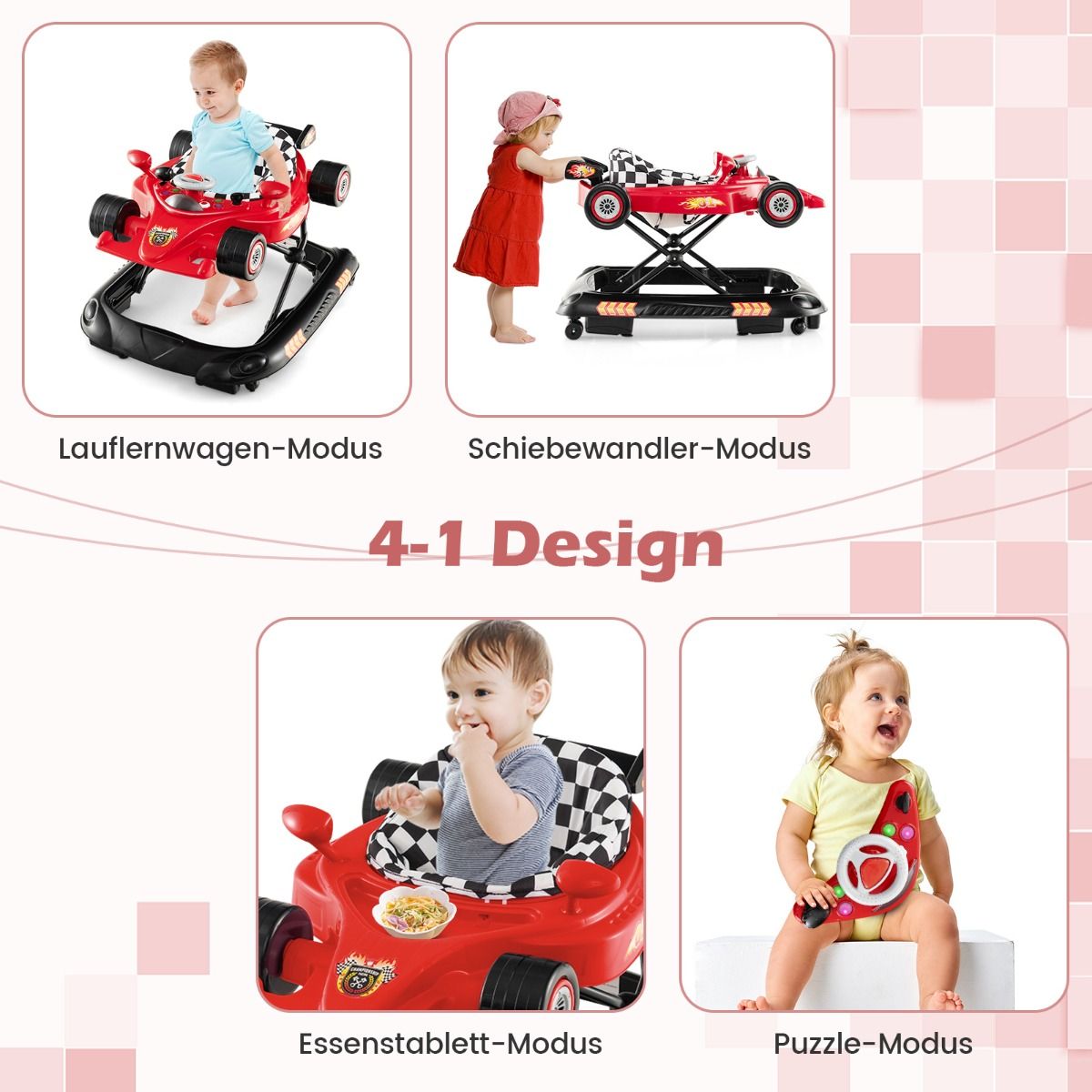 Coast 4-in-1 Babyloopwagen - verstelbare hoogte - afneembaar speelblad - roze