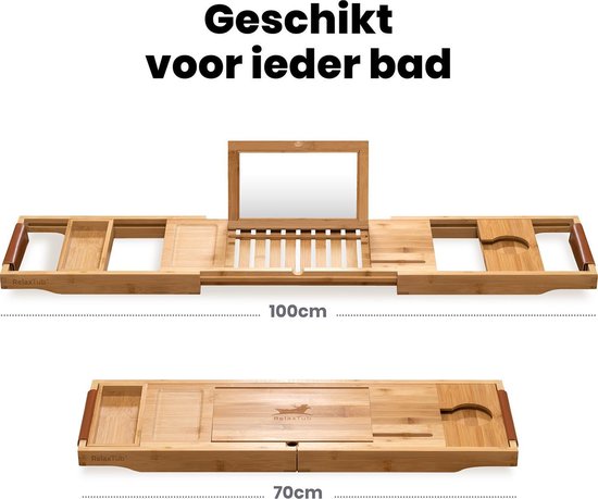 RelaxTub® Badplank - Badplank voor in Bad - Badrek - Verstelbaar - Anti Slip - Badplank Bamboe - Badplank Hout - Badrekje inclusief Boekenhouder, Tablethouder & Spiegel