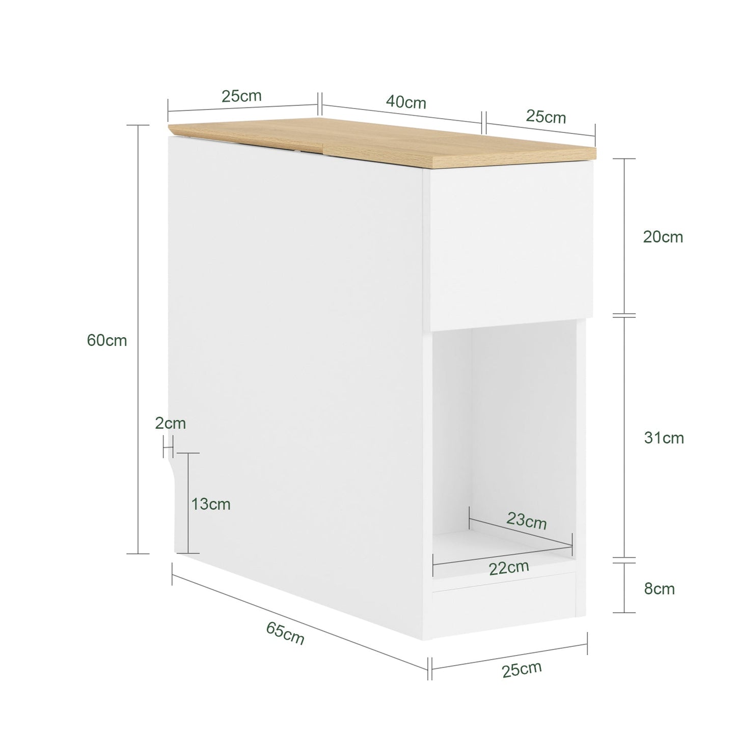 SoBuy FBT162-WN Nachtkastje 20x60x65 cm Wit met 3 vakken voor boxspringbed en kleine ruimtes