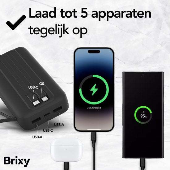 Brixy Powerbank - 20.000 mAh - 22.5W Snellader - LED Display - USB-A/USB-C - Voor O.a. iPhone & Samsung - Zwart