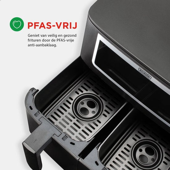 Bourgini Duo Heteluchtfriteuse 2 x 4.0L - PFAS vrij - Airfryer XXL - 2 laden met synchronisatie functie - Touchscreen - 8L - 2600W - Zwart