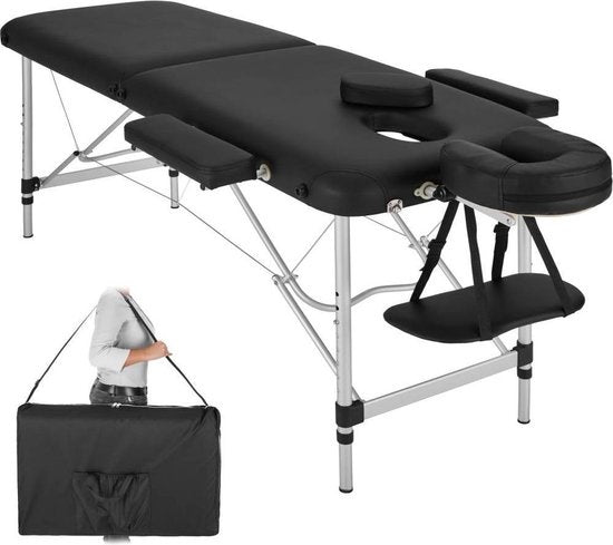 tectake® - aluminium massagetafel 2 zones, massagetafel 4cm matras, opvouwbare massagetafel, in hoogte verstelbare aluminium massagetafel, draagbare massagetafel inclusief accessoires, aluminium hoofdsteun, armleuning en draagtas - zwart