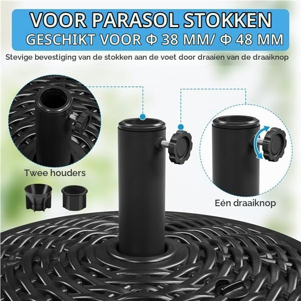 Yaheetech parasolvoet in rotanlook, vulbaar met water of zand – geschikt voor parasolstokken van Ø 38/48 mm – Ø 50 x 30 cm – zwart
