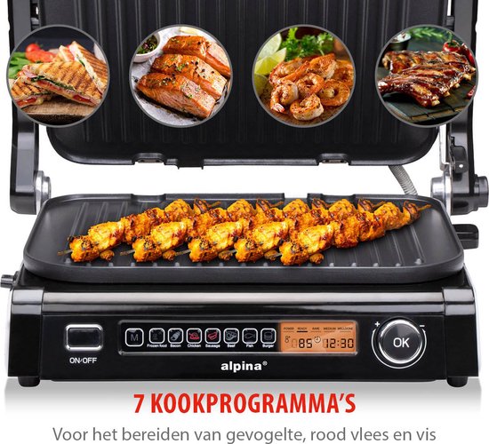 alpina Contactgrill 2100W - Tosti Apparaat met 7 Grill Standen - Tafelgrill met Uitneembare Platen - Panini Grill 37,6 x 33,1 cm - Anti-Aanbaklaag - RVS/Aluminium