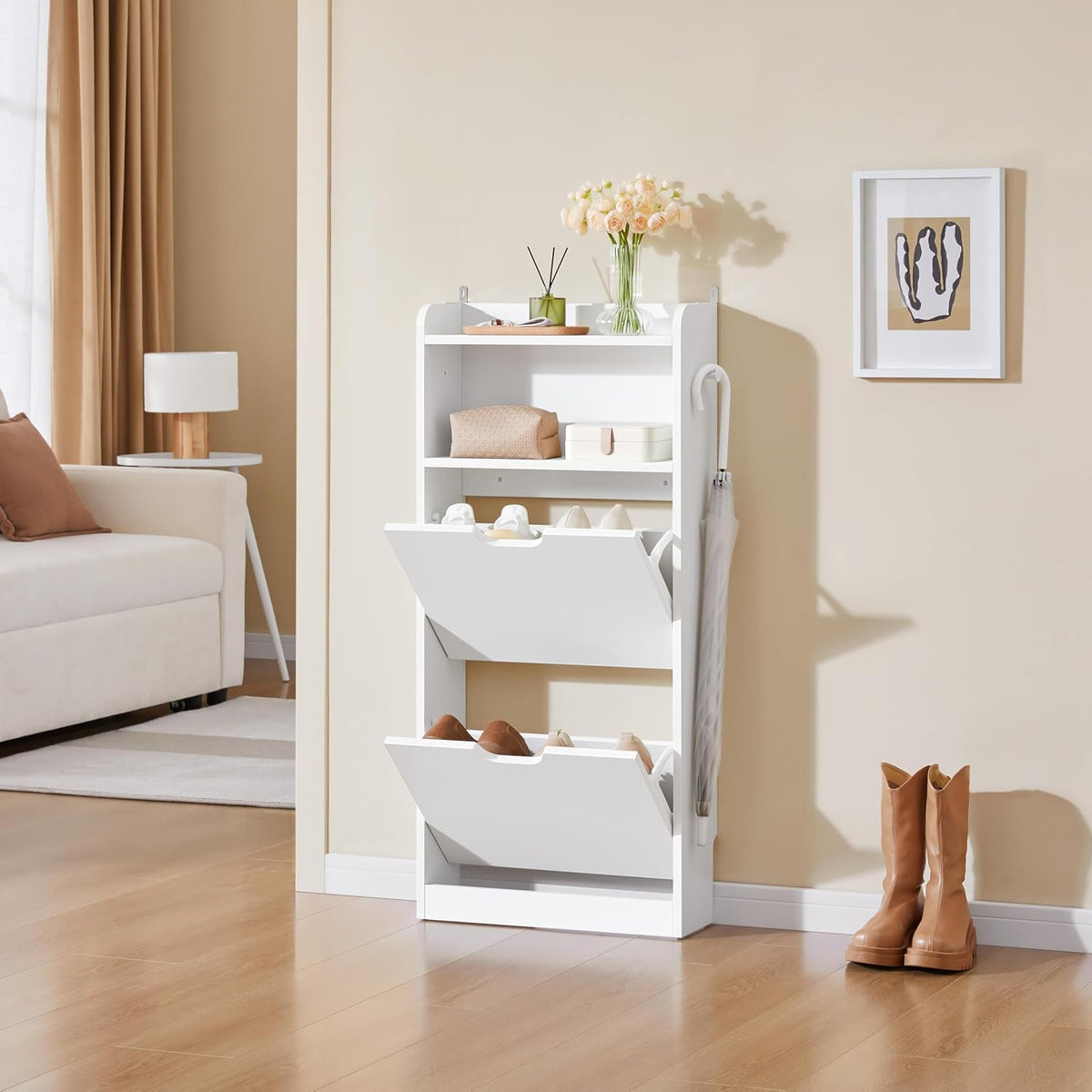 Yaheetech Schoenenkast met 4 Klapdeuren - Smal Schoenenrek met Open Vakken - 100 x 17 x 108,5 cm - Wit