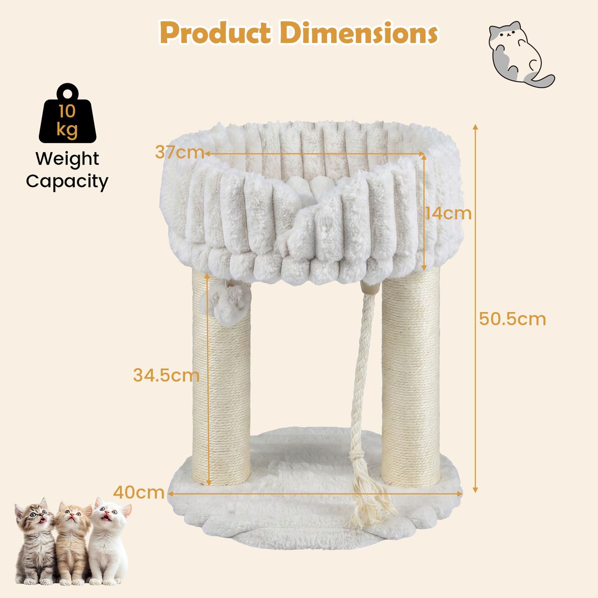 Coast Kattenkrabpaal met Ligplatform - Sisalstammen en Pluche Speelbal - Compact 40 x 40 x 50,5 cm - Beige/Grijs/Wit
