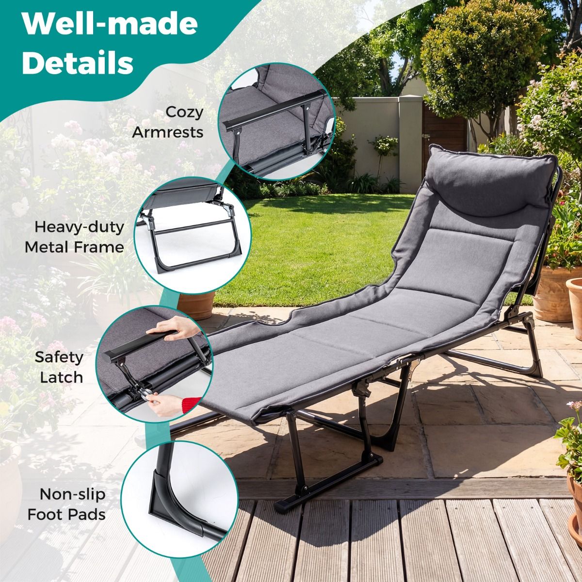 Coast Opvouwbaar Campingbed 3-in-1 - verstelbare rugleuning - hoofdsteun - grijs en zwart